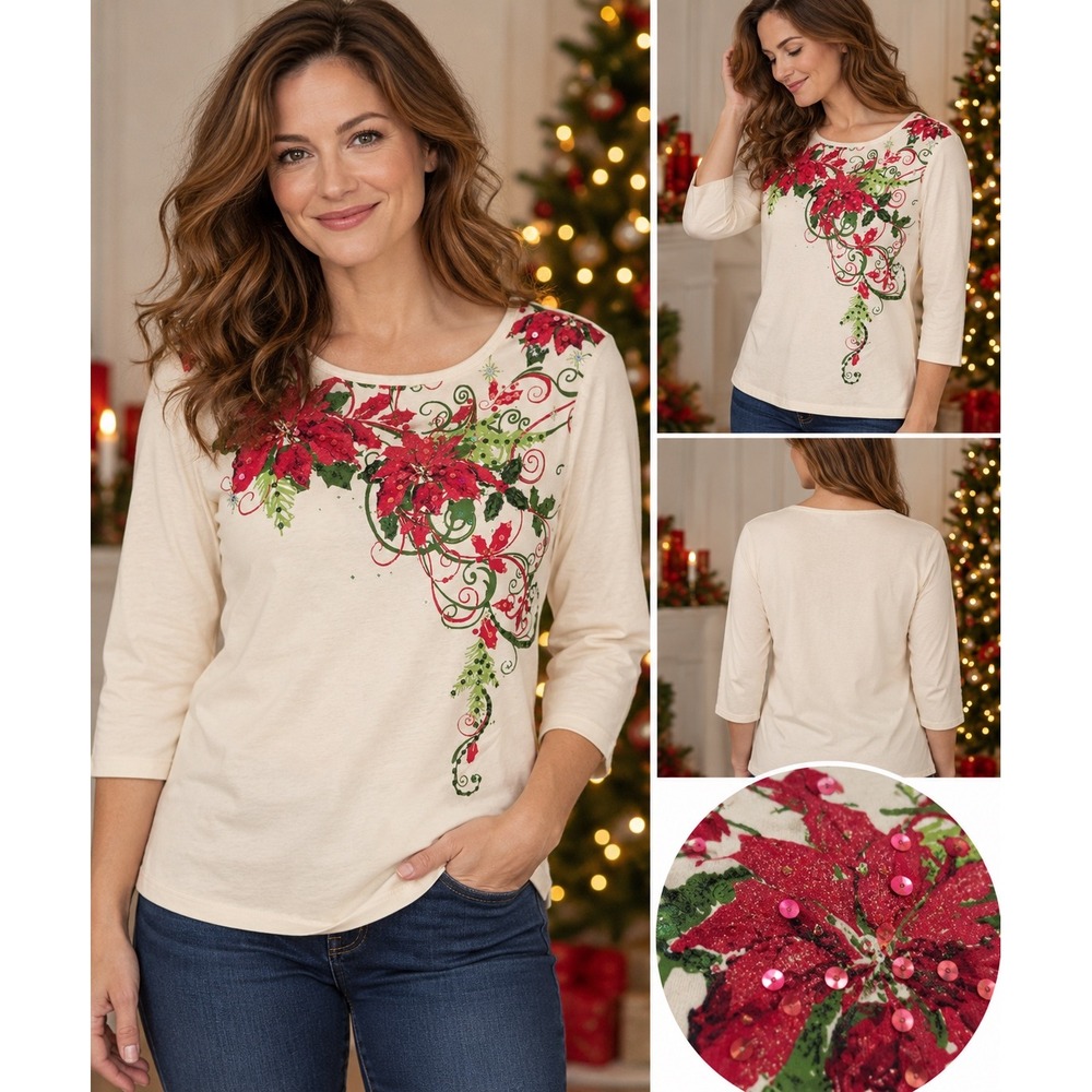 Vintage Christmas Poinsettia Sequin Grannycore Holiday Top M 100% Cotton Festive